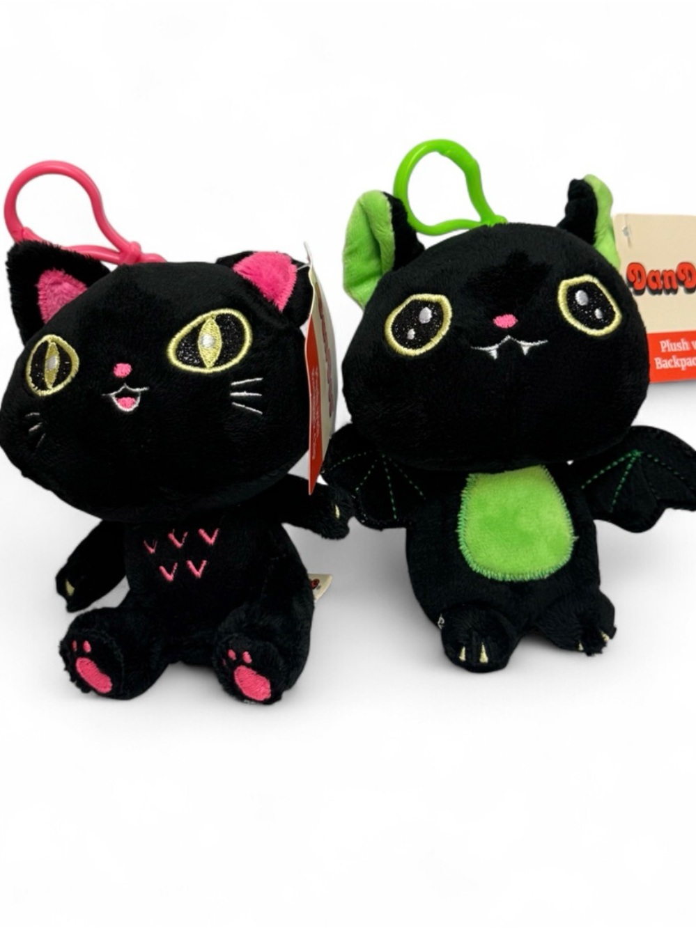 Set of 2 DanDee Plush Halloween Cat & Bat with Backpack Clips 4.5” NEW!